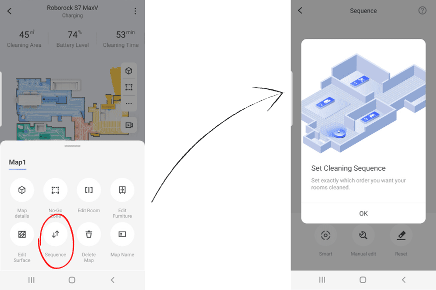 Cleaning order for the rooms is set in the Roborock S7 MaxV Ultra App.